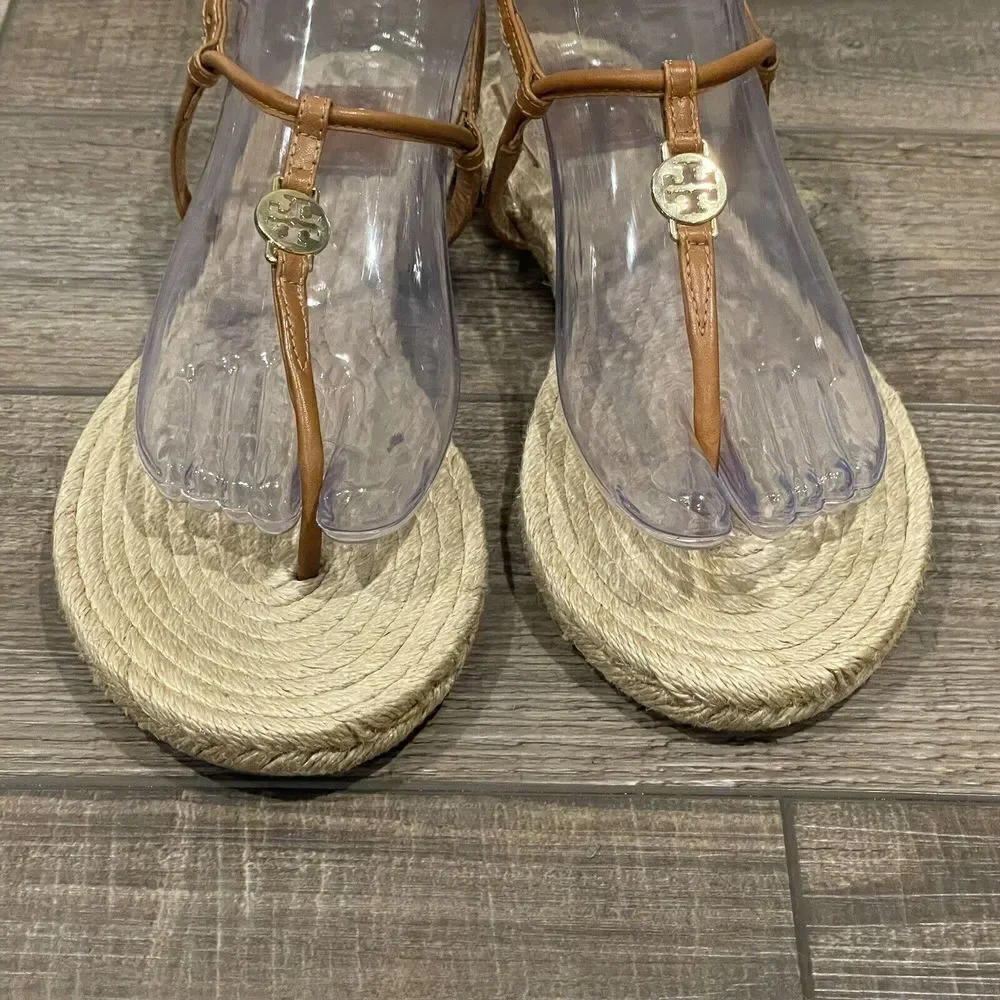Tory Burch Brown Leather Emmy Flat Espadrilles Thong Sandals Size 8B Womens